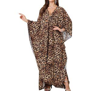 Women's Brown Leopard Spots V-Neck Batwing Sleeves Summer Cover Up Kaftan Dress